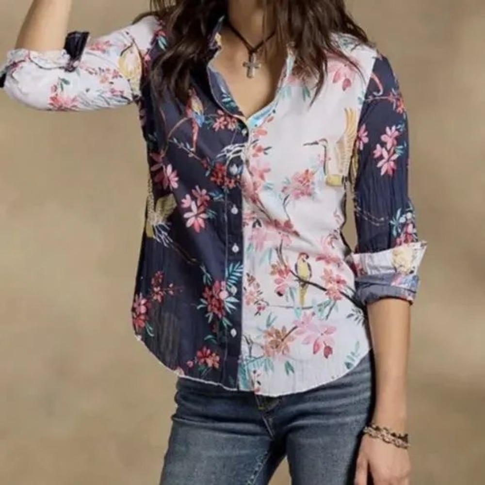 Cino for Sundance Catalog Navy Pink ButtonDown Shirt Sz SP Kyoto Cotton Crinkle